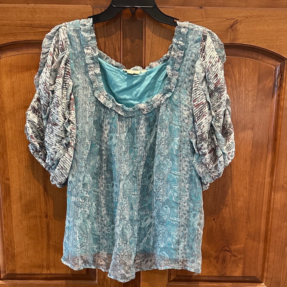 Let me be from anthropology Boho Light Blue Printed Peasant Blouse - Women's Top